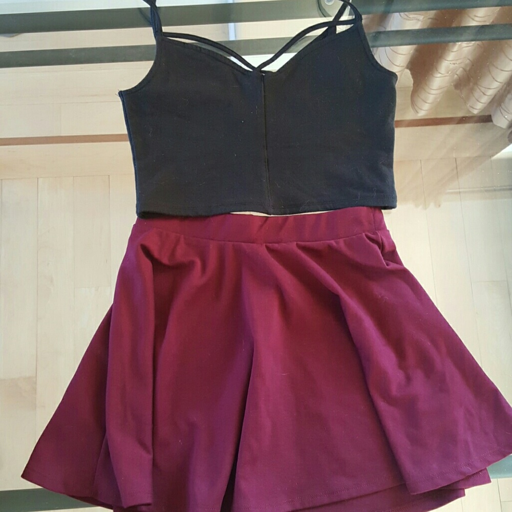 Black Crop Top + Maroon Skater Skirt
