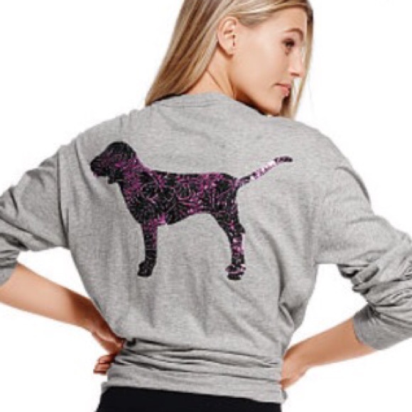 PINK Purple Bling Long Sleeve Grey Campus Tee - Picture 5 of 12