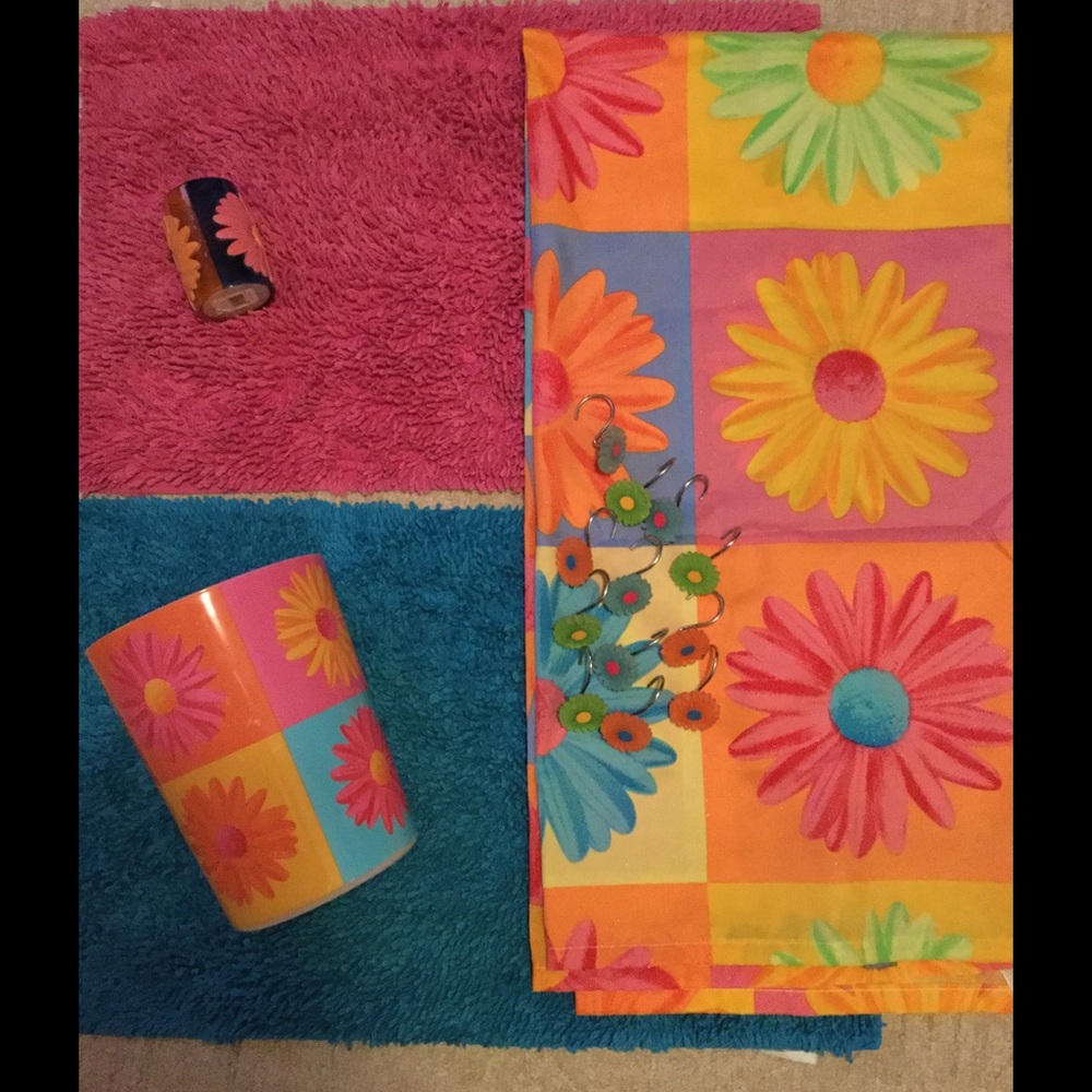 Shower Curtain,rugs, can, toothbrush holder, hooks