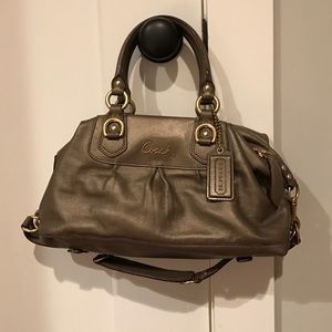 Coach. Satchel. Lovely shimmering grey with gold
