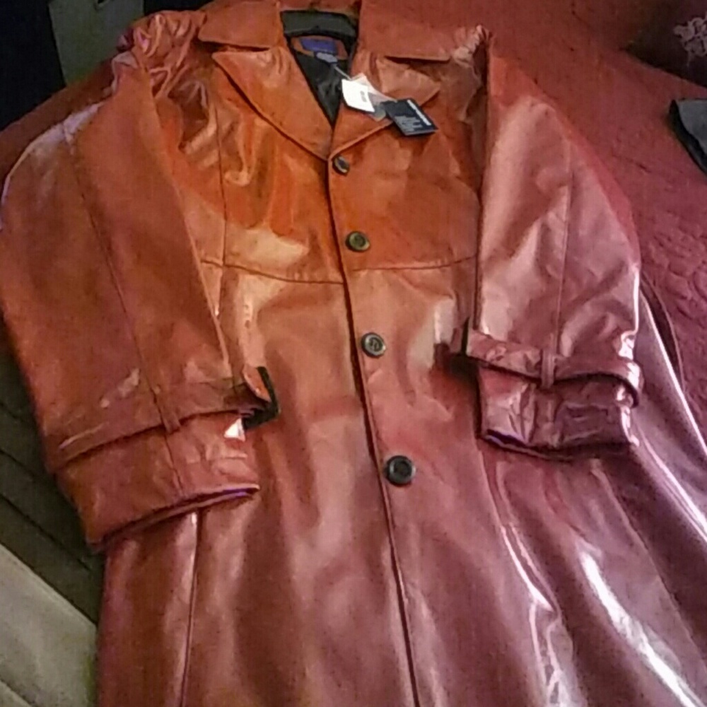 Red vinyl trench coat