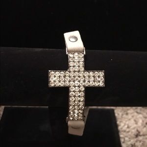 Grey leather rhinestone cross bracelet