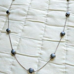 Long Silver Statement Necklace with Grey Beads