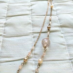 Long Gold Statement Necklace w/ Rose and Pearl