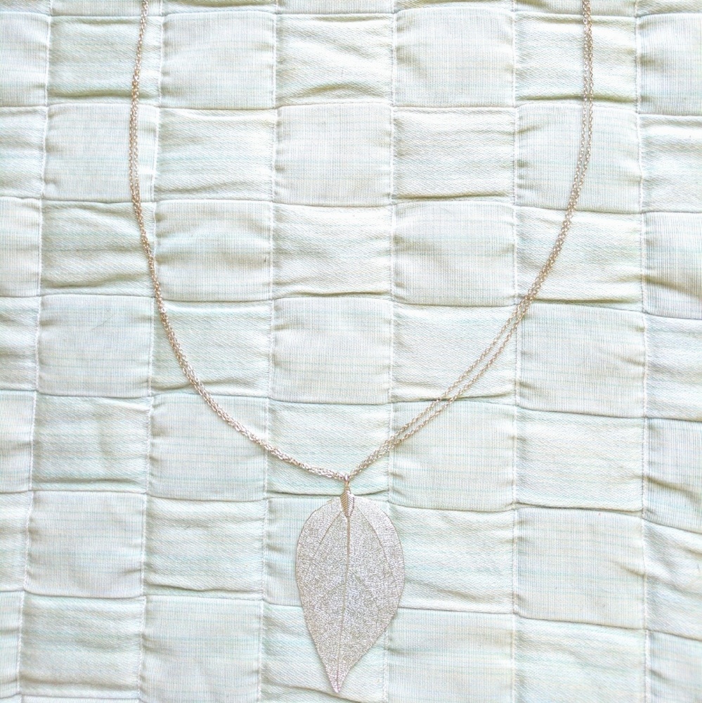 Long Silver Statement Necklace w/Leaf Pendant
