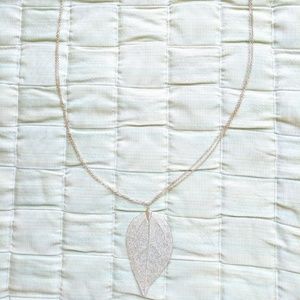 Long Silver Statement Necklace w/Leaf Pendant