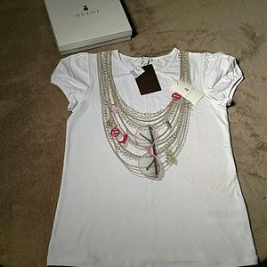 NEW Gucci White Cap Sleeve Tee with Necklace Decal