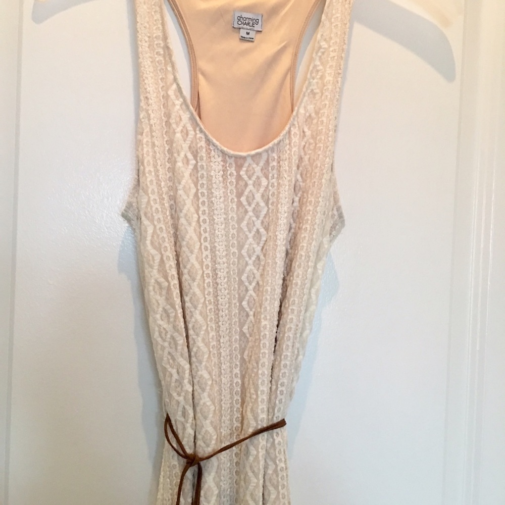 Long Cream Dress with Brown Belt