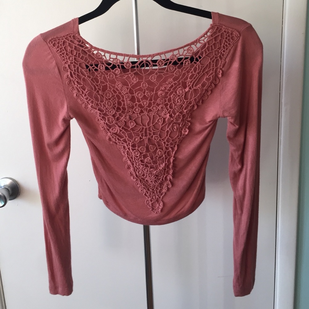 Coral long sleeve crop top with crochet back