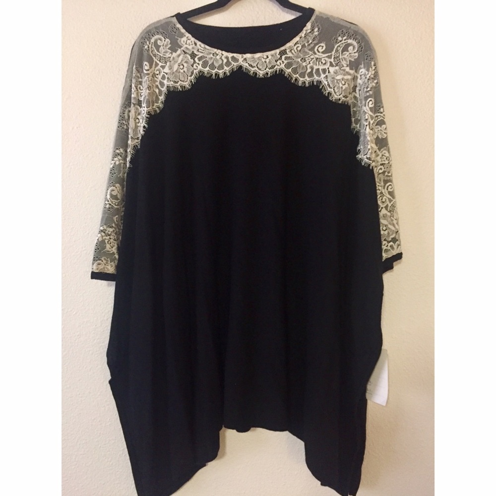 Black with White Lace Poncho Sweater