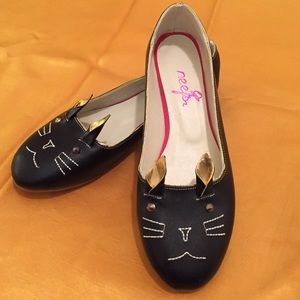 Neeps Black Cat Embroidered Leather Flats