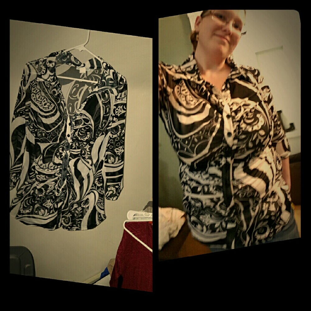 Stylish, sheer button down blouse **sewn in usa**