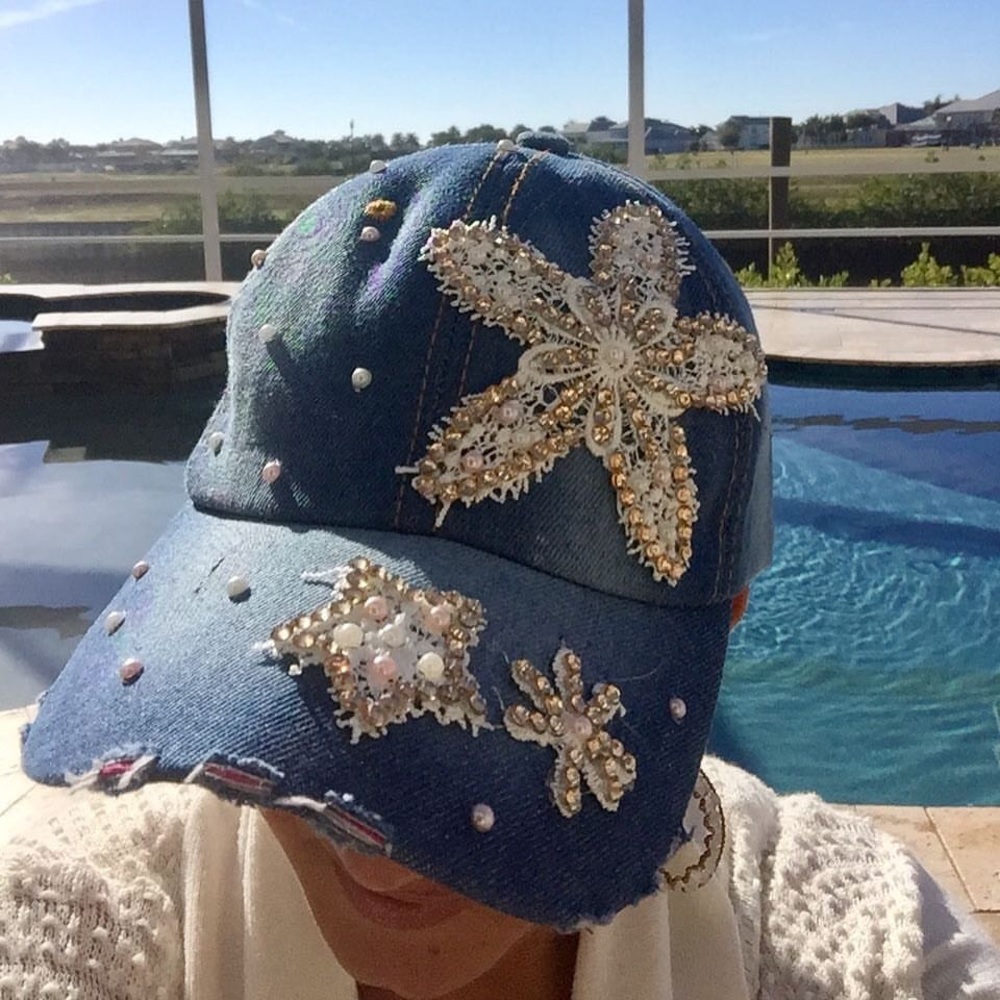 Embroider Rhinestone Flower Denim Distressed Cap