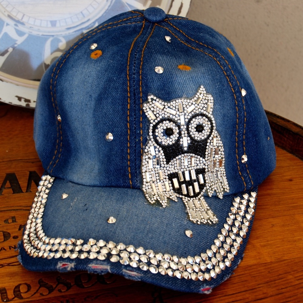 Rhinestone Owl Denim Distressed Adjustable Cap