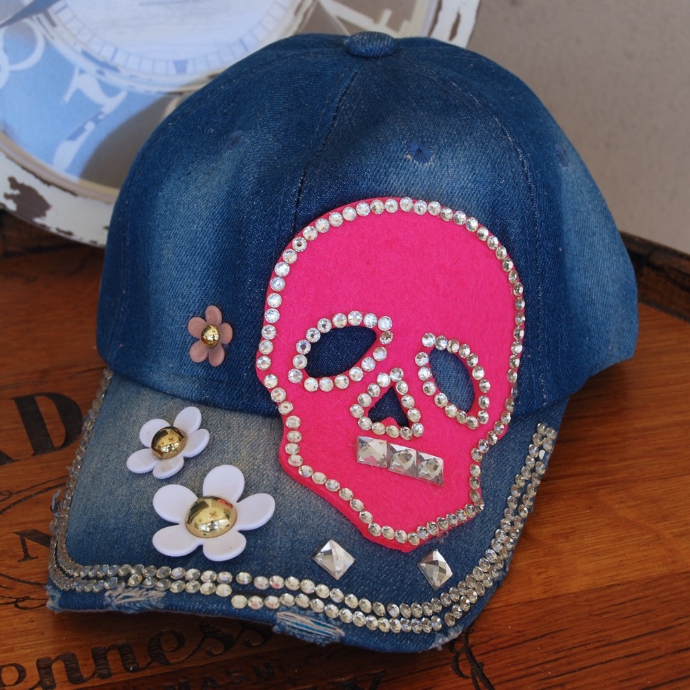 Pink Skull Rhinestone Denim Distressed Cap