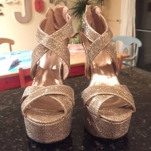 White gold glitter platform stilettos