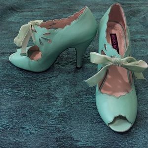 Turquoise Peeptoe Cutout Bow Heels