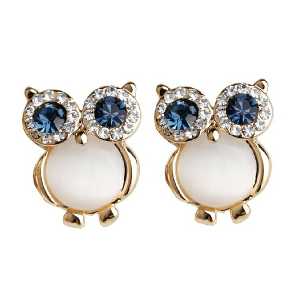 Gold Plated White Cat's Stone Owl Earring