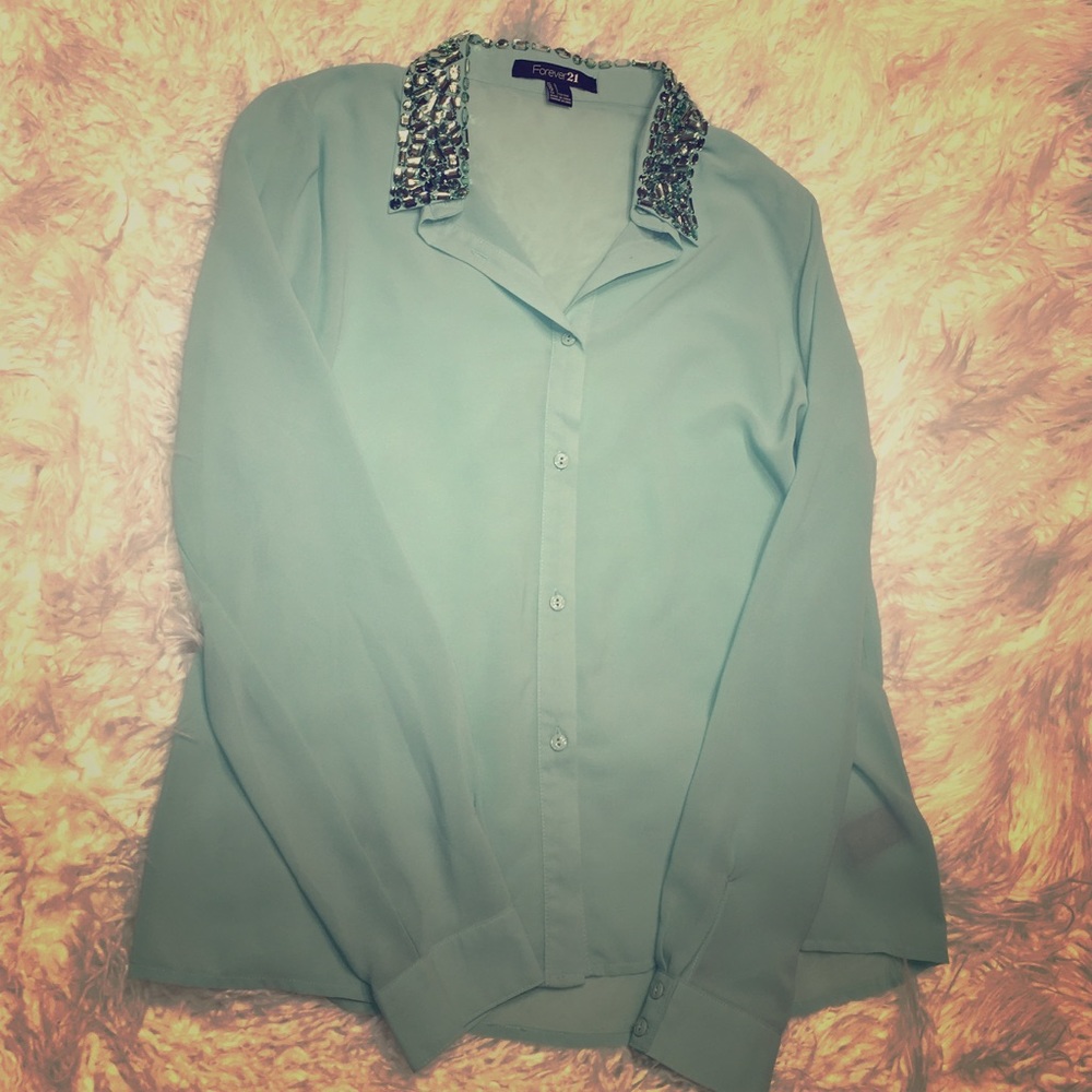 Mint green top with embellished collar