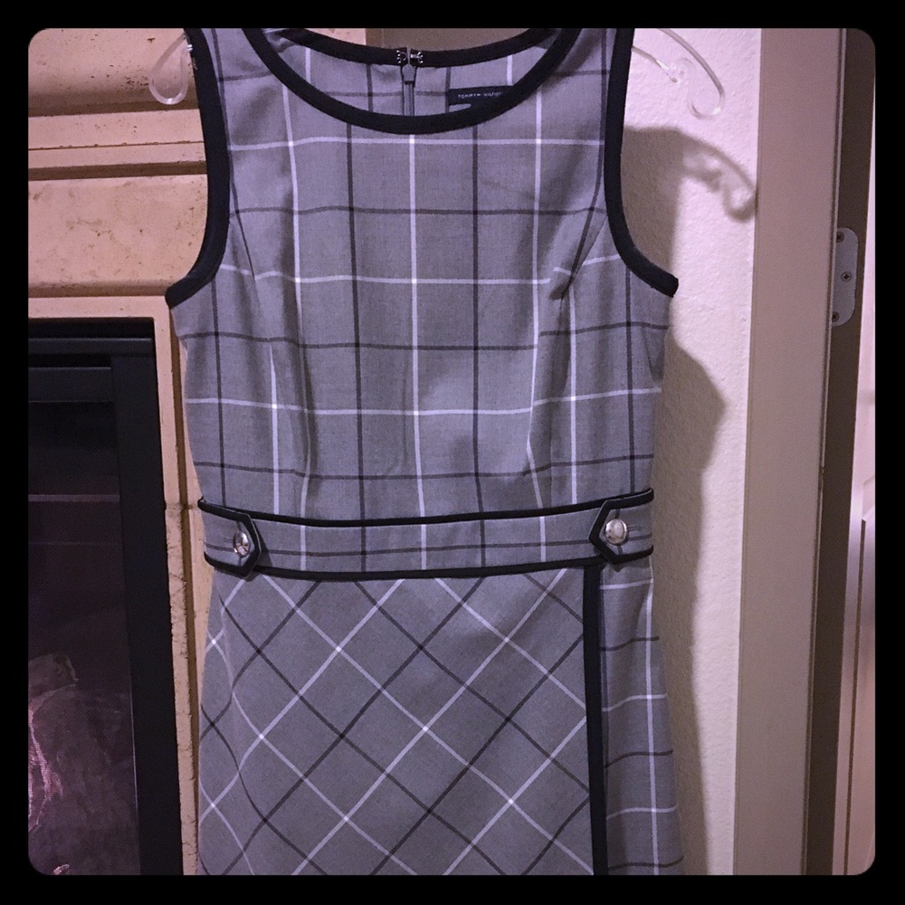 Navy blue and gray plaid dress