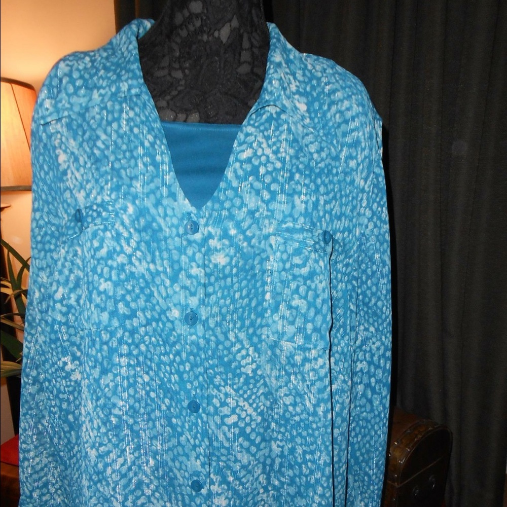 3x Maggie Barnes Teal print blouse w/ tank blouse
