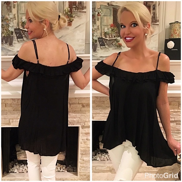 Black off shoulder ruffle tunic with straps LAST 1 - Picture 2 of 3