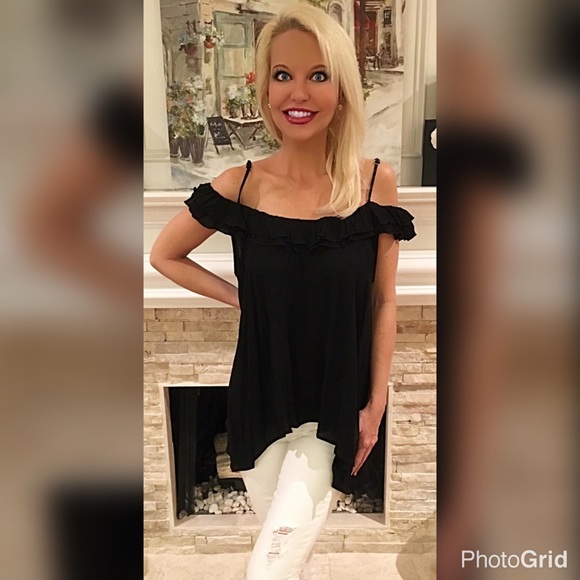 Black off shoulder ruffle tunic with straps LAST 1 - Picture 3 of 3