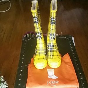 J. Crew blue and yellow plaid rain boots (wellies)