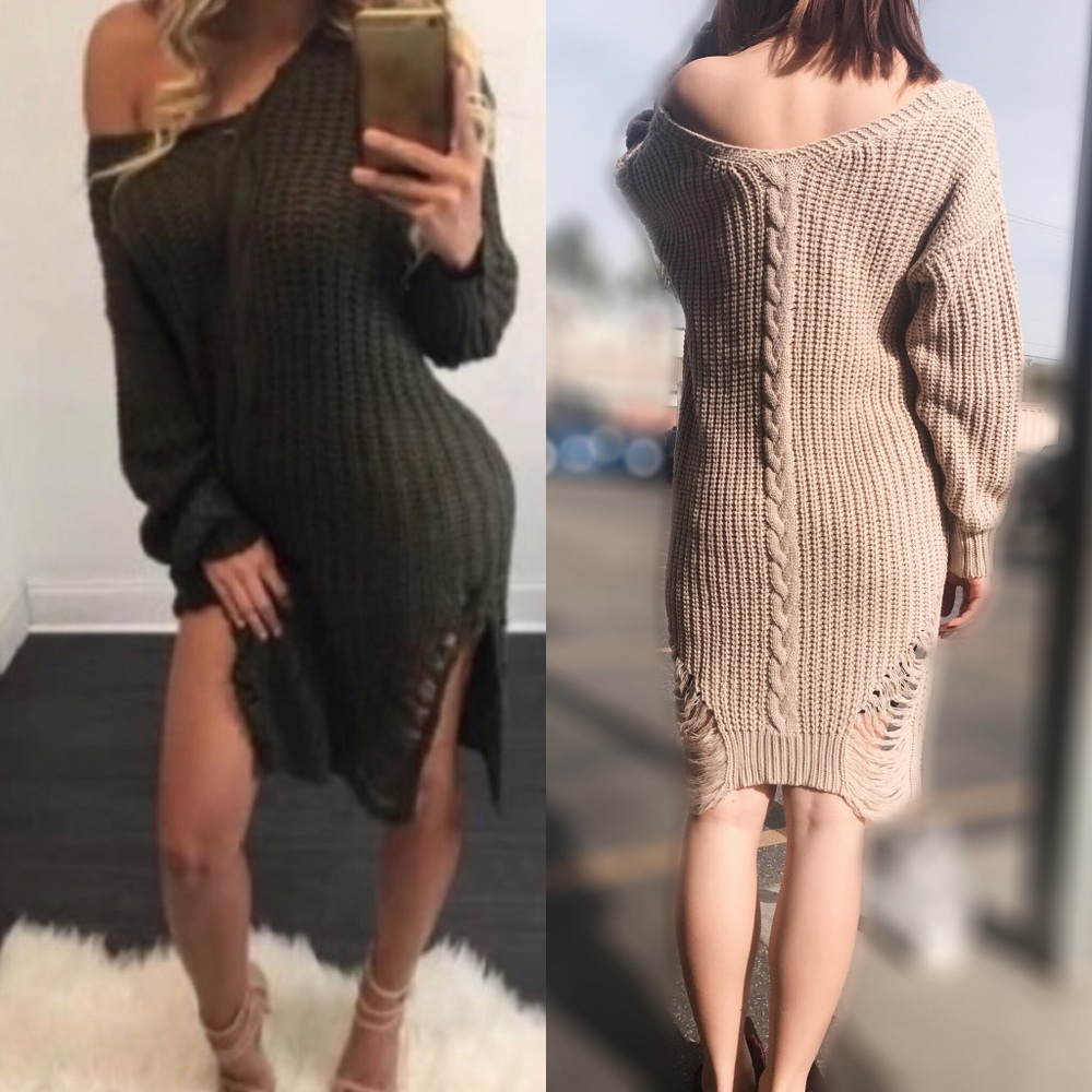 💘NEW💘SEXY V neck ripped distressed sweater dress - Picture 1 of 5