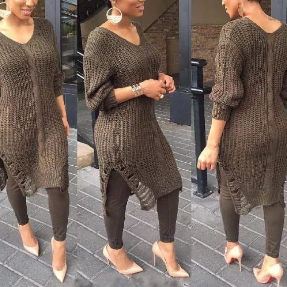 💘NEW💘SEXY V neck ripped distressed sweater dress - Picture 3 of 5