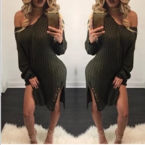 💘NEW💘SEXY V neck ripped distressed sweater dress - Picture 2 of 5