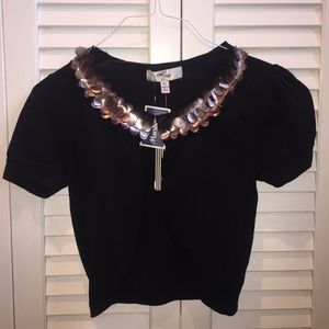 Short button up cardigan with a metallic neckline