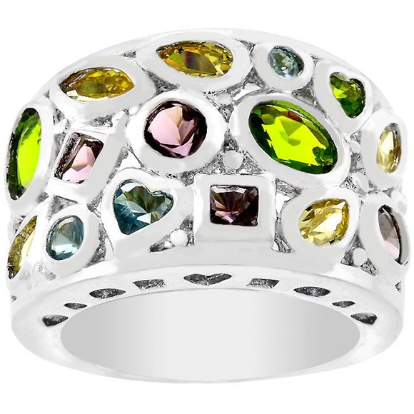 Bijoux Cubic Zirconia CZ White Gold Rhodium Plated Silver Multi Gem Ring - Picture 6 of 8