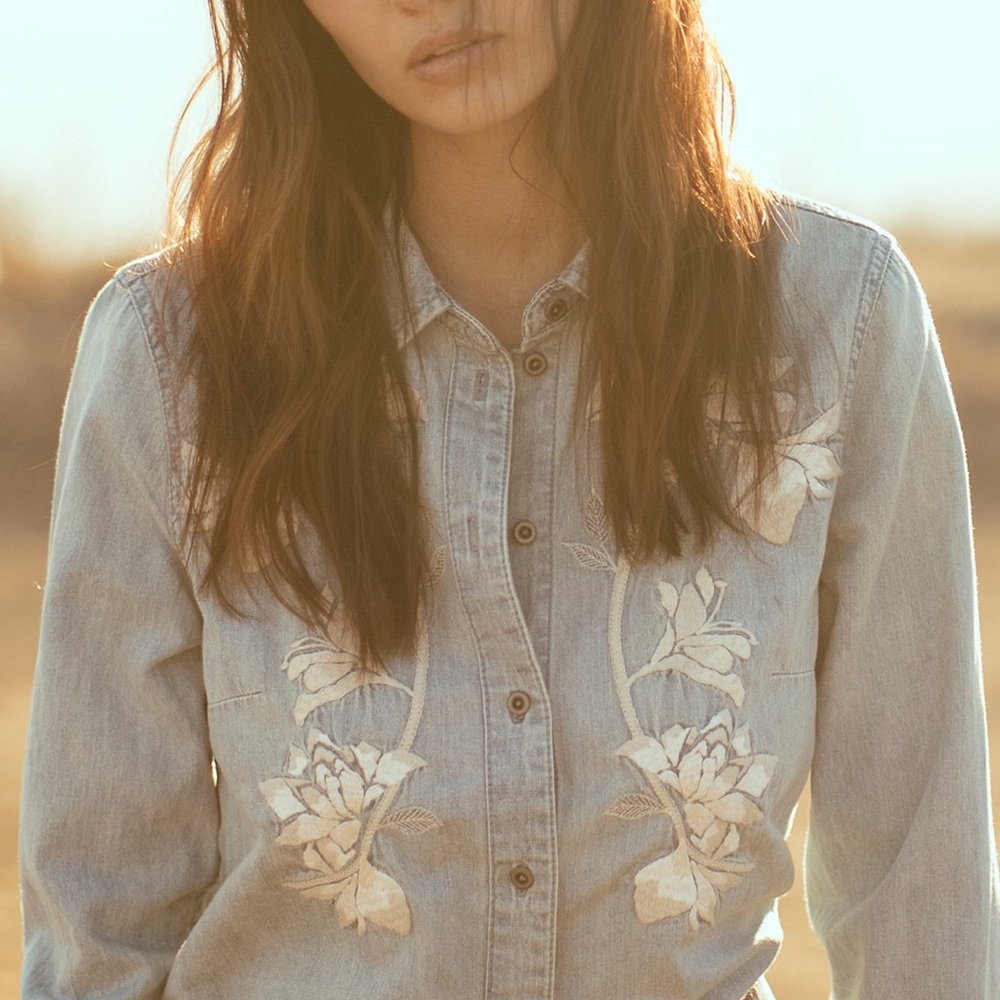 Free People Embroidered Denim Button Down