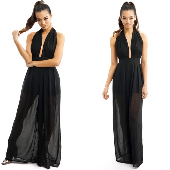 BLACK LONG SHEER DEEP V HALTER JUMPSUIT - Picture 5 of 6