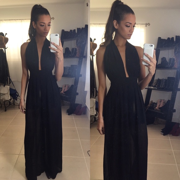 BLACK LONG SHEER DEEP V HALTER JUMPSUIT - Picture 6 of 6