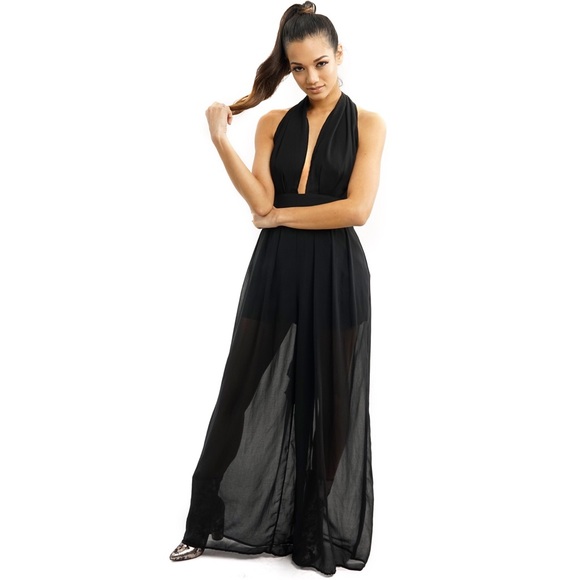BLACK LONG SHEER DEEP V HALTER JUMPSUIT - Picture 2 of 6
