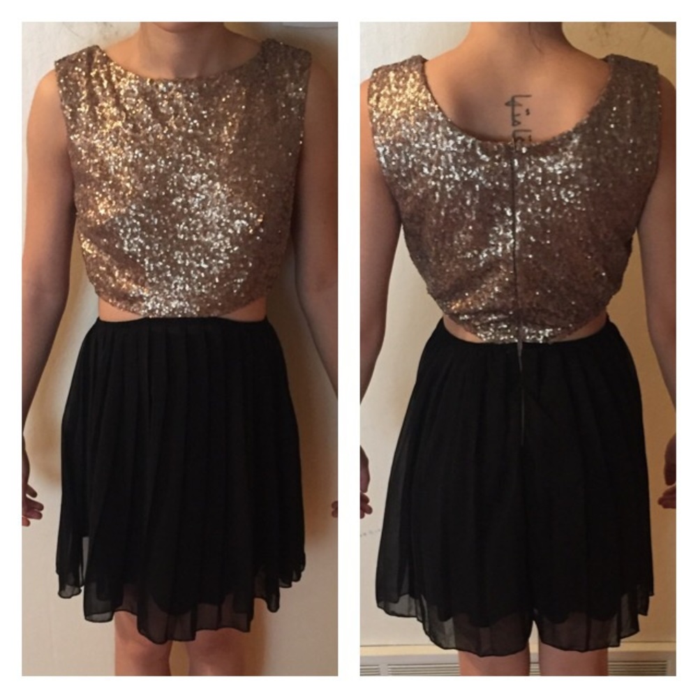Gold and Black Sequin/Chiffon Cutout Dress