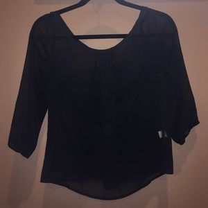 See through navy blue chiffon blouse.