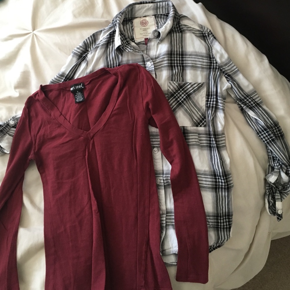 2 shirts, 1 button up plaid, 1 simple long sleeve.