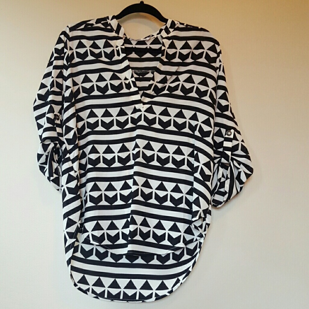 Lush Black/White Roll Tab Blouse