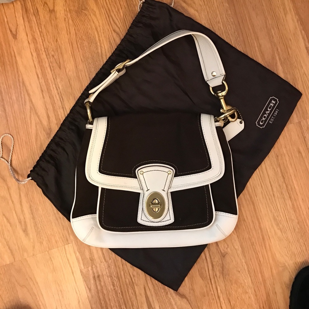 Coach brown canvas bag with cream leather trim.