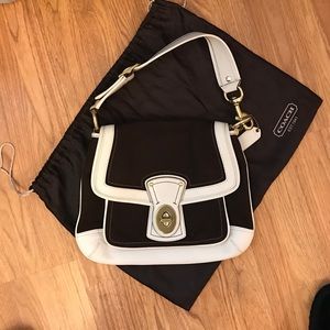 Coach brown canvas bag with cream leather trim.