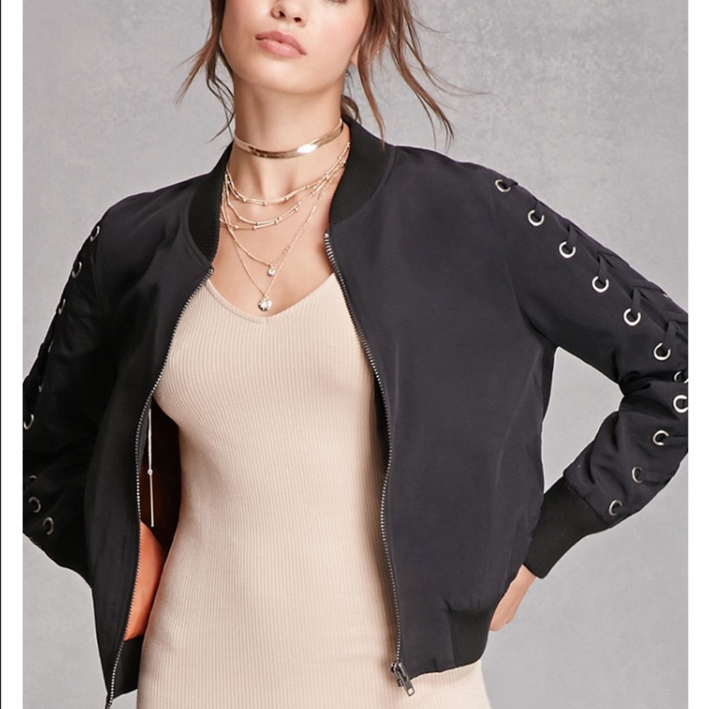 New Forever 21 lace up bomber jacket in black