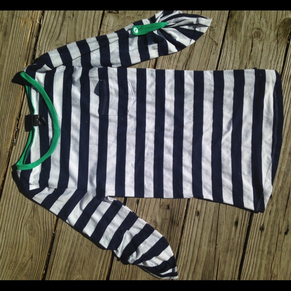 Navy and white striped shirt.