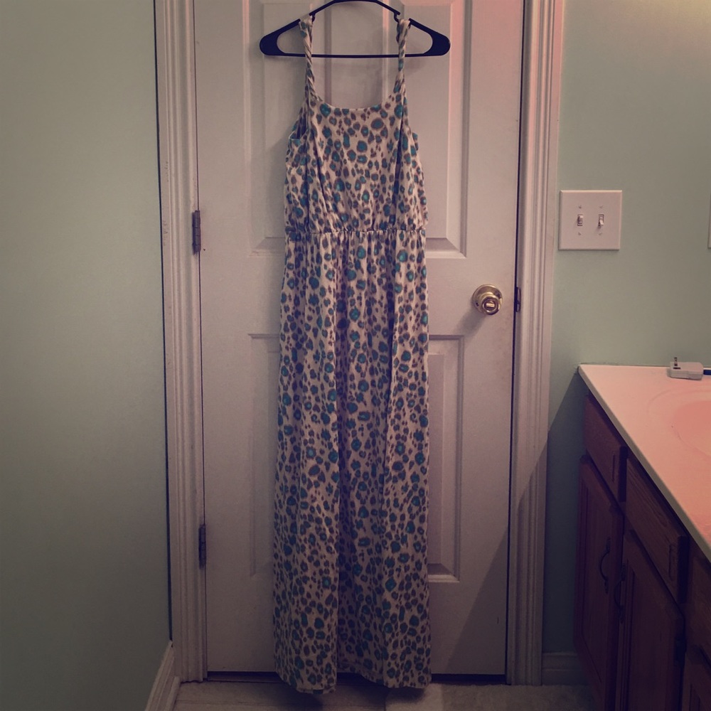 turquoise and cream cheetah print maxi dress