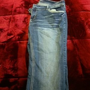 Women's blue jeans, flared.