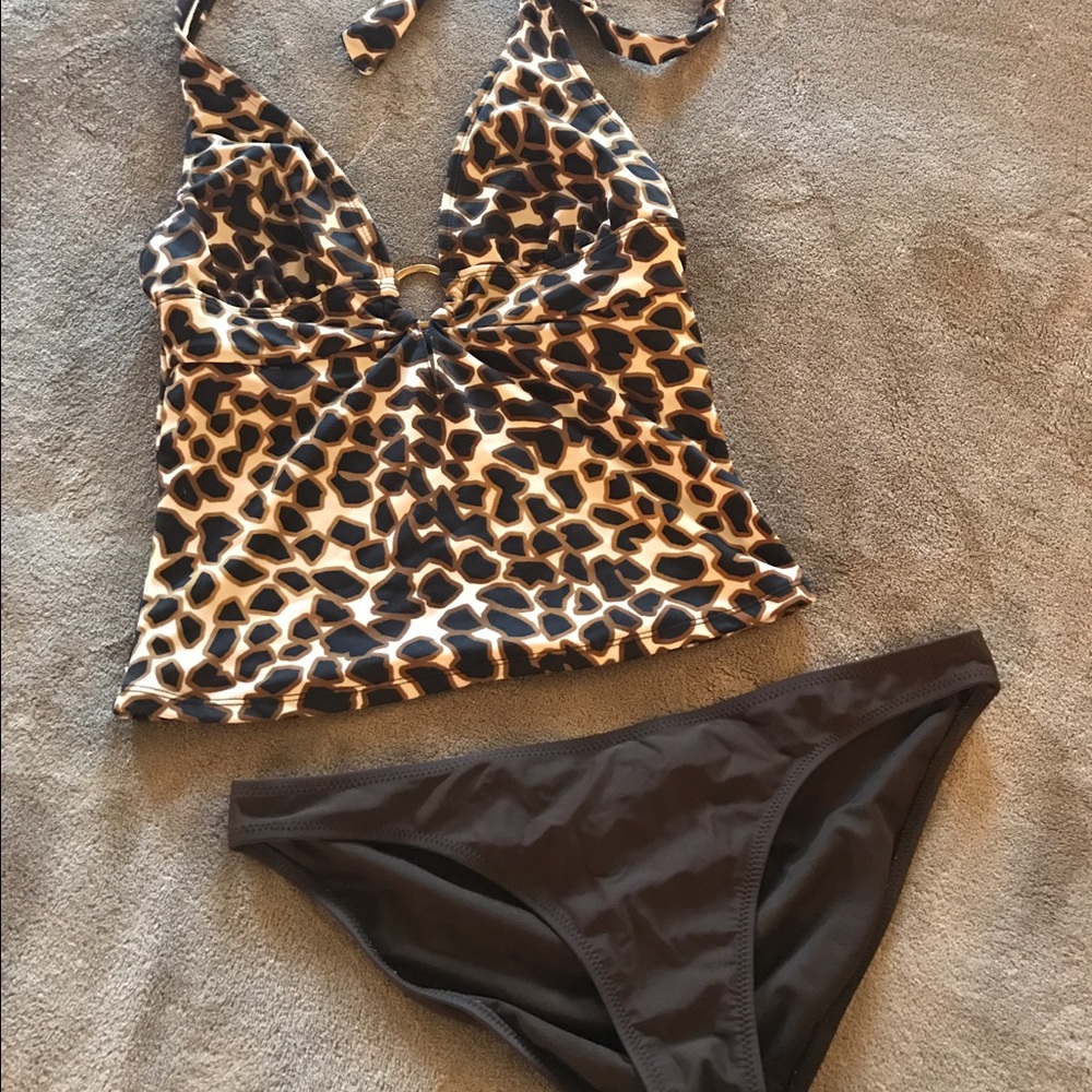 Leopard tankini with solid bottom