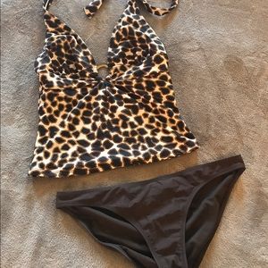 Leopard tankini with solid bottom