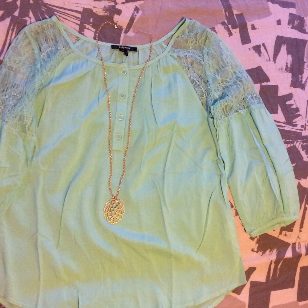 BNWOT mint blouse with adorable lace shoulders!